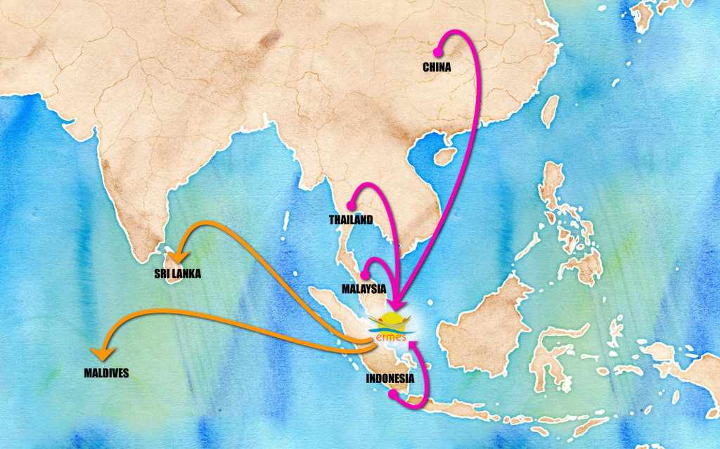 World map showing Ermes Trade network across Asia, Maldives, and the Indian Ocean region